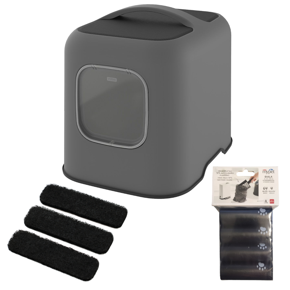 Rotho MyPet Katzentoilette BIALA - Sparset: Katzentoilette anthrazit + 3 x Aktivkohlefilter + 4 x Hygienebeutel von rotho mypet