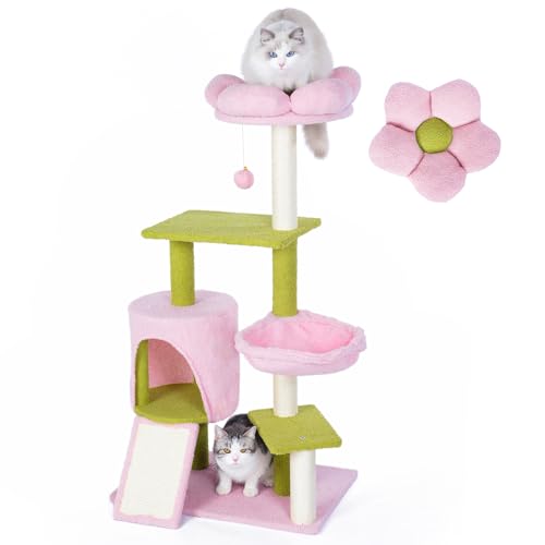 sagrynfp Blumen-Katzenbaum, 117,8 cm, mittelgroßer Katzenturm mit Stahlrahmen, Hängematte und 3 Kratzstämmen, floraler Katzenbaum mit 1 Höhle und Sitzstangen für mittelgroße Indoor-Katzen, Rosa sagrynfp Blumen-Katzenbaum, 117,8 cm, mittelgroßer Katzenturm mit Stahlrahmen, Hängematte und 3 Kratzstämmen, floraler Katzenbaum mit 1 Höhle und Sitzstangen für mittelgroße Indoor-Katzen, Rosa von sagrynfp