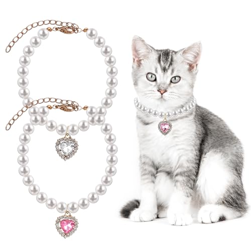 2 x Katzen- und Hunde-Perlenhalsband mit Strass-Herz, Haustierschmuck, kleine Herzform, Strass, Haustier-Halskette, verstellbar, Geburtstag, Hochzeit, Halsband für Welpen, kleine Katzen, Weiß und Rosa 2 x Katzen- und Hunde-Perlenhalsband mit Strass-Herz, Haustierschmuck, kleine Herzform, Strass, Haustier-Halskette, verstellbar, Geburtstag, Hochzeit, Halsband für Welpen, kleine Katzen, Weiß und Rosa von salbsever