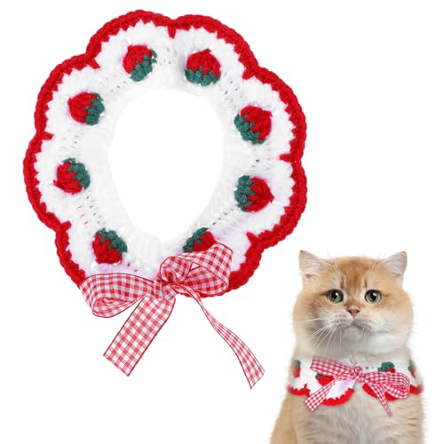 salbsever Katzen-Strickhalsband, Breakaway-Katzenhalsband mit niedlicher Fliege und Erdbeere, handgefertigtes Strickhalsband für Katzen und kleine Hunde, Welpen salbsever Katzen-Strickhalsband, Breakaway-Katzenhalsband mit niedlicher Fliege und Erdbeere, handgefertigtes Strickhalsband für Katzen und kleine Hunde, Welpen von salbsever