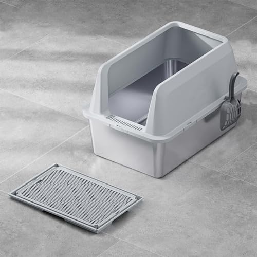 Katzentoilette aus Edelstahl, große Katzentoilette mit Katzentoilette, 60 x 39 x 34 cm (L x B x H), erhöhtes Zaun-Design, leicht zu reinigen, geruchsfrei, Haustier-Toilettenzubehör mit Schaufel von sanheshun