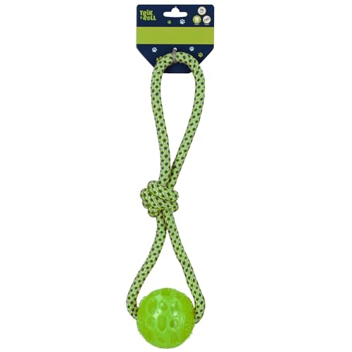 ZERRSPIELZEUG MIT Ball für Hunde, ROBUST 36 cm, 3in1 Spielzeug ZUM APPORTIEREN, ZIEHEN, Baumwollschnur (D) von sarcia.eu