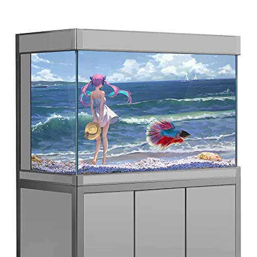 Aquarium Hintergrund Aufkleber Anime Mädchen Strand Meer HD Druck Tapete Aquarium Hintergrund Dekorationen PVC Landschaft Poster (11,8 x 15,7 (30 x 40 cm)) von sb little