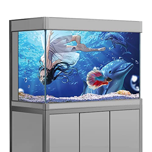 Aquarium-Hintergrundaufkleber, Anime-Mädchen, Delfin, HD-Druck, Tapete, Aquarium-Hintergrund, Dekorationen, PVC-Landschaftsposter (50 x 80 cm)) von sb little
