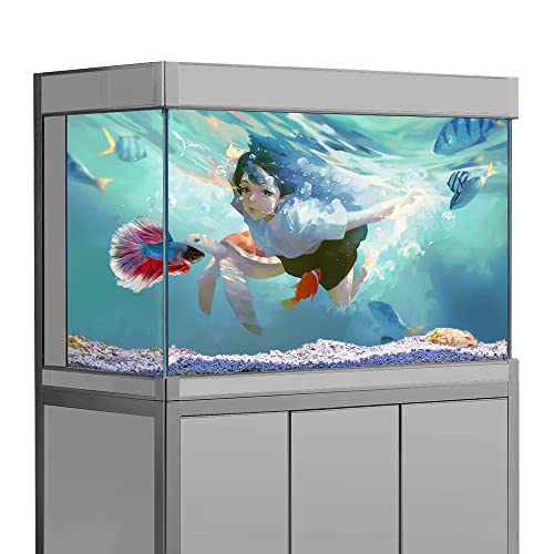 Aquarium-Hintergrundaufkleber, Anime-Mädchen-Schildkröte, HD-Druck, Tapete, Aquarium-Hintergrund, Dekorationen, PVC, Querformat, Poster (30 x 40 cm) von sb little