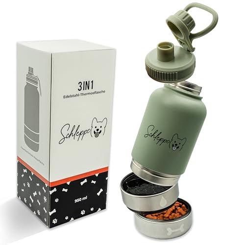 Edelstahl Hundetrinkflasche, Hunde-Reiseflasche 950 ml, Multifunktionale Hundewasserflasche, isolierte Futter- und Wasserschüssel für Hunde, ideal für unterwegs (Grün, 950 ml) von Schleppo