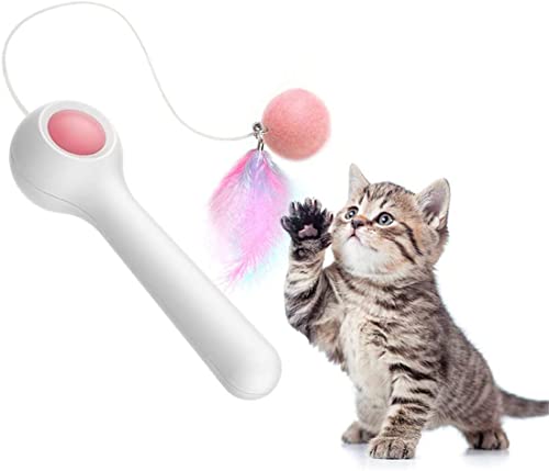 Einziehbarer Katzen-Teaser-Zauberstab, ein-Tastige Kontraktion, interaktives Katzenfederstab, Katzenspielzeug mit Katzenminze-Wollball für Indoor-Kätzchen, Katzentraining und Jagd von seaNpem