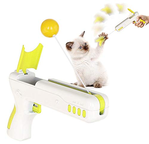 Einziehbares interaktives Katzenspielzeug, Katzenball Federn, lustiges Rebound-Pistole, verbessert die Intelligenz, lindert langweilig Unterhaltungstraining Sport Haustierspielzeug für Katzen (gelb) von seaNpem