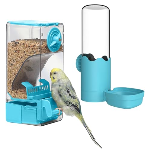 Automatischer Vogelfutterspender Wasserspender Set, Vogelkäfig-Futterspender mit Sitzstange für Wellensittiche, Sittiche, Kanarienvögel, Nymphensittiche, Finken (Blau) von septillar
