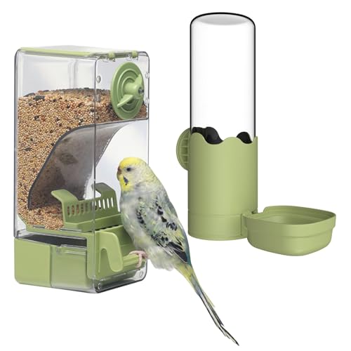 Automatischer Vogelfutterspender Wasserspender Set, Vogelkäfig-Futterspender mit Sitzstange für Wellensittiche, Sittiche, Kanarienvögel, Nymphensittiche, Finken (Grün) von septillar