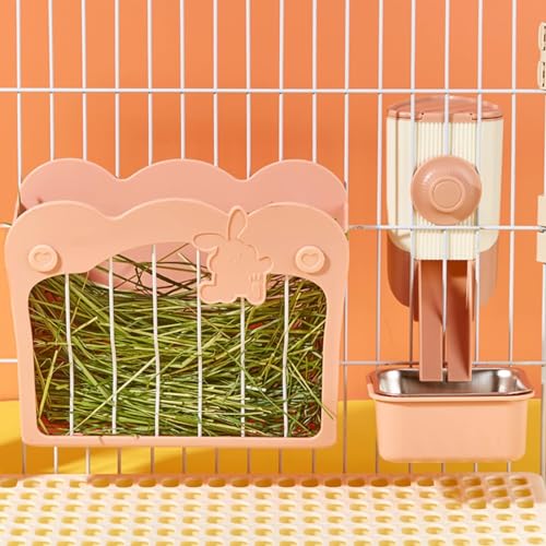 Heuraufe Kaninchen, 3-in-1-Futterset mit Futternapf und Hängetrichter für den Käfig, Heufütterung für Hasen Meerschweinchen Chinchilla (Rosa) von septillar