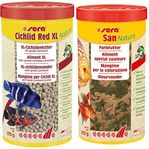 sera Bundle Malawi & Tanganjika Futter Set XL bestehend aus Cichlid Red XL 1 Ltr. (mit 4% Krill & Haematococcus-Algen) & San 1 Ltr. (mit 10% Krill) für fleischfressende Carnivore Cichliden von sera