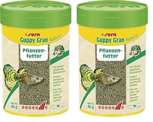 sera Guppy Gran Nature 100 ml (44 g) - Pflanzenfutter aus langsam sinkendem Softgranulat, Guppy Futter sowie für Lebendgebärende, Schwertträger, Platy, Molly & Co. (Packung mit 2) von sera
