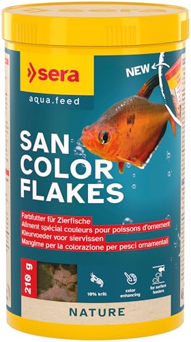sera San Color Flakes 1.000 ml (210 g) | Für oberflächenfressende Zierfische | Ohne künstliche Farb- und Konservierungsstoffe | Mit 10% Krill & Haematococcus-Algen | Für natürliche Farbentwicklung von sera