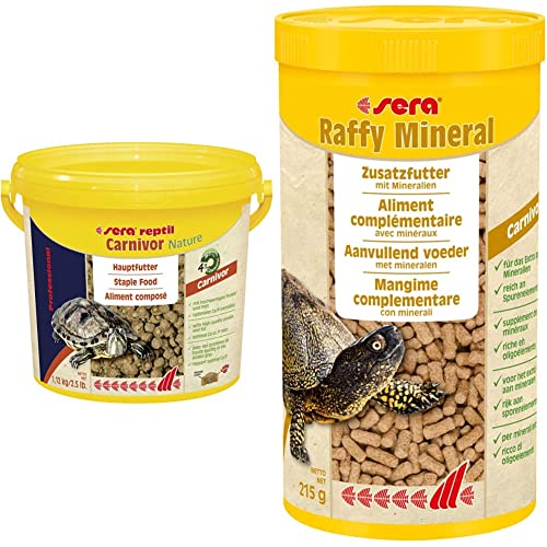 sera reptil Professional Carnivor Nature 3,8 L (1,12 kg) - Das Zweikomponentenfutter für Carnivore Reptilien, 3.8 l (1er Pack) & Raffy Mineral 1000 ml (215 g), Wasserschildkröten Futter von sera