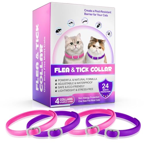 Zecken-Flohband Katze, Zeckenhalsband für Katze Flohhalsband für Katzen 4Pcs, 24 Monate lang wirksamer Schutz, verstellbar, wasserdicht(Rosa&Lila) von shifakou
