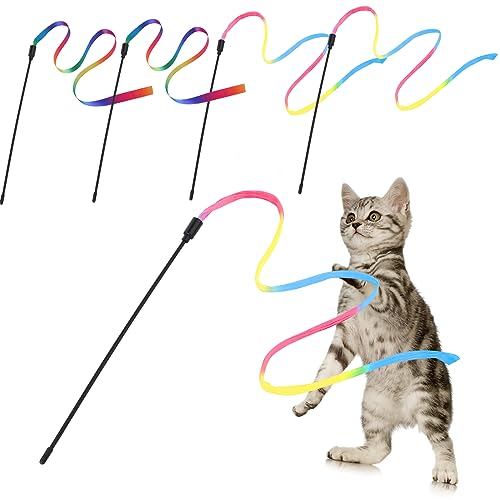 simarro Interaktive Katze Regenbogen Stabspielzeug, 4 Stück Katzenspielzeug für Kitten Training Rainbow Ribbon Cat Zauberstab Interaktiver Fänger Teaser Zauberstab für Kitten von simarro