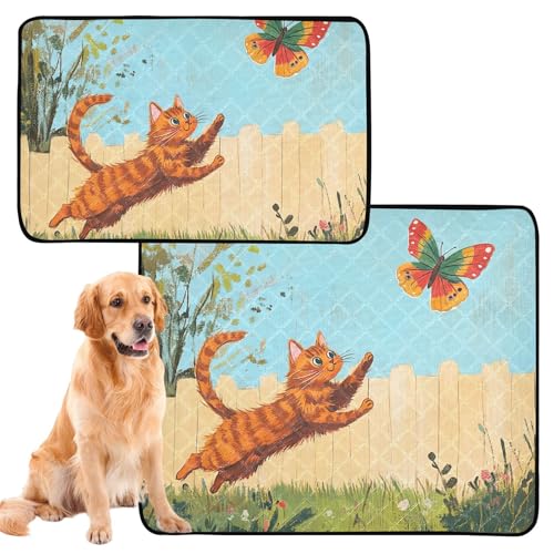 Hundematte für Hunde, waschbar, rutschfest, für Boden, 61 x 91,4 cm + 91,4 x 106,7 cm, Katze, die einen bunten Schmetterling jagt, 2 Stück Hundematte für Hunde, waschbar, rutschfest, für Boden, 61 x 91,4 cm + 91,4 x 106,7 cm, Katze, die einen bunten Schmetterling jagt, 2 Stück von siphylline