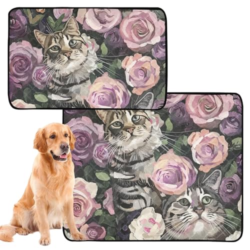Hundematte für Hunde, waschbar, rutschfest, für Strand, 61 x 91,4 cm + 91,4 x 106,7 cm, Katze, umgeben von Rosen, 2 Stück von siphylline