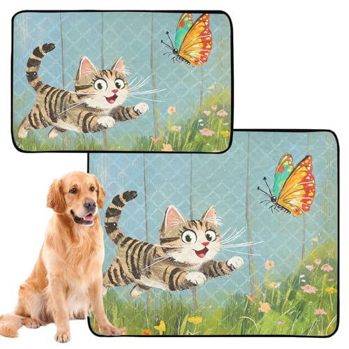 Uriniermatte für große Hunde, waschbar, rutschfest, 61 x 91,4 cm + 91,4 x 106,7 cm, Katze, die einen bunten Schmetterling jagt, 2 Stück Uriniermatte für große Hunde, waschbar, rutschfest, 61 x 91,4 cm + 91,4 x 106,7 cm, Katze, die einen bunten Schmetterling jagt, 2 Stück von siphylline