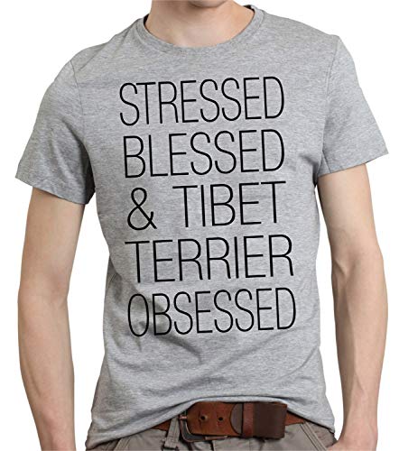 Tibet Terrier Unisex T-Shirt Hundemotiv Stressed Blessed Obsessed Tibetan Tsang Apso Farbe Sports Grey, Größe S von siviwonder