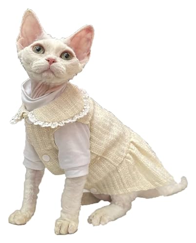 Sphynx Haarlose Katzen Kleidung Sphynx Haarlose Katzenkleidung, Frühling, einfarbig, Spitzenkragen, Druckknopfkleid, ärmellos, weiß, hoher Kragen, Baumwoll-T-Shirts, Pullover, zweiteiliges Set ( Color von NXSLONE