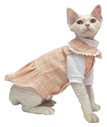 Sphynx Haarlose Katzen Kleidung Sphynx Haarlose Katzenkleidung, Frühling, einfarbig, Spitzenkragen, Druckknopfkleid, ärmellos, weiß, hoher Kragen, Baumwoll-T-Shirts, Pullover, zweiteiliges Set ( Color von NXSLONE