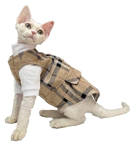 Sphynx Haarlose Katzen Kleidung Sphynx Haarlose Katzenkleidung, Frühling, kariert, Reißverschlussjacke, Weste, ärmellos, weiß, hoher Kragen, Baumwoll-T-Shirts, Pullover, zweiteiliges Set, Kätzchen-Shi von NXSLONE