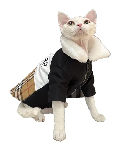 Sphynx Haarlose Katzen Kleidung Sphynx Haarlose Katzenkleidung, warme Herbst-Winter-Mode, Karierte Jacke, Kunstpelzkragen, Mantel, Reißverschluss-Design, Kätzchen-Kleidung, Katzenbekleidung (Color : von NXSLONE