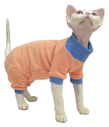 Sphynx Haarlose Katzen Kleidung Sphynx Katze Kleidung Winter Weiche Warme Polar Fleece Rollkragen Pullover Vier Bein Overall Mode Spleißen Basis Shirt Katze Bekleidung ((Color : Orange, Size : XL) von NXSLONE