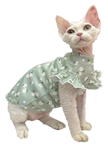 Sphynx Haarlose Katzen Kleidung Sphynx-Katzen-Sommerkleidung, grüne Blumendruck-Baumwoll-T-Shirts, niedliche Rüschenärmel-Kätzchen-Shirts, runder Kragen, Pullover, Katzenbekleidung (Color : Green, S von NXSLONE