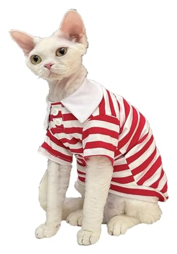 Sphynx Haarlose Katzen Kleidung Sphynx-Katzen-Sommerkleidung, modische Polo-Kragen-Baumwoll-T-Shirts, Streifen-Shirt, atmungsaktive, weiche Kätzchen-Shirts mit Ärmeln, Katzenbekleidung (Color : Red W Sphynx Haarlose Katzen Kleidung Sphynx-Katzen-Sommerkleidung, modische Polo-Kragen-Baumwoll-T-Shirts, Streifen-Shirt, atmungsaktive, weiche Kätzchen-Shirts mit Ärmeln, Katzenbekleidung (Color : Red W von skeppy