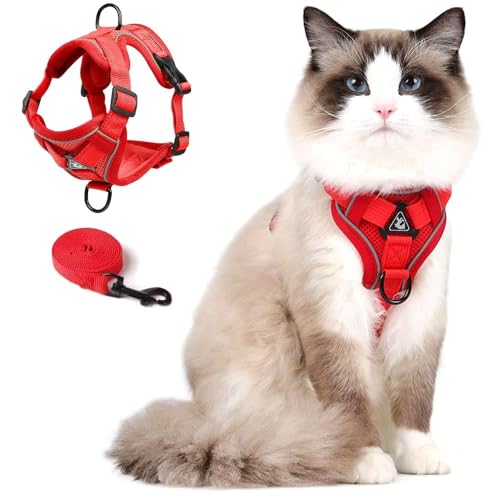 Cat Harness and Leash Set, Upgraded Escape Proof Adjustable Vest with Lead for Kitten Puppy Outdoor Walking, Soft Breathable Mesh Jacket with Reflective Strips for Dark Night (M, Fresh Red) von skmeditec