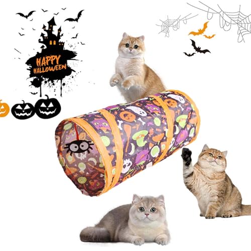 Skyrabbiter Halloween Katzentunnel, Verschiedene Formen und Größen, Faltbar, Orange-Schwarz mit Geister-Kürbis-Muster, Halloween-Katzenkanal-Spielzeug, Halloween Katzentunnelspielzeug (A) von skyrabbiter