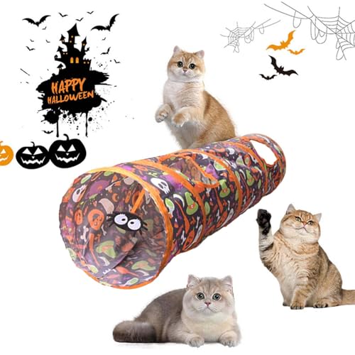 Skyrabbiter Halloween Katzentunnel, Verschiedene Formen und Größen, Faltbar, Orange-Schwarz mit Geister-Kürbis-Muster, Halloween-Katzenkanal-Spielzeug, Halloween Katzentunnelspielzeug (B) von skyrabbiter