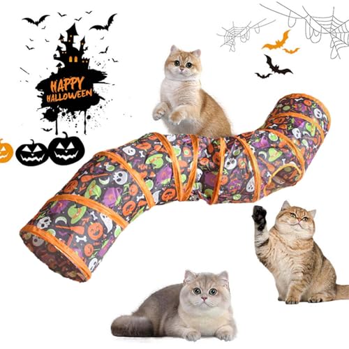 Skyrabbiter Halloween Katzentunnel, Verschiedene Formen und Größen, Faltbar, Orange-Schwarz mit Geister-Kürbis-Muster, Halloween-Katzenkanal-Spielzeug, Halloween Katzentunnelspielzeug (D) von skyrabbiter