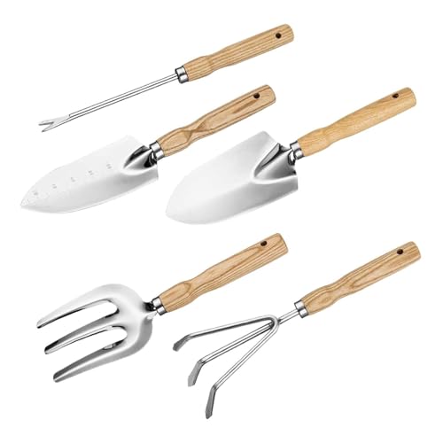 skyrabbiter Garten-Werkzeugset aus Edelstahl, 5-teilig, Wurzeljäter mit Holzgriff, Manueller Weeder zum Gemüse Blumen Graben Beschneiden Schneiden, Geschenk für Gärtner Gärtnerinnen (5Pc) von skyrabbiter