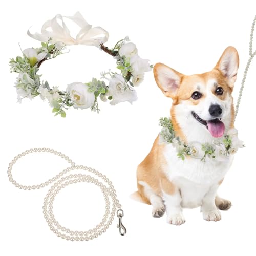 Hundehalsband mit Blumenmotiv und Perlen, elegantes Hunde-Stirnband, Hochzeitskleidung, Kranz, Schleife, Haustier-Foto-Requisite (mittel) von slcinwzdt