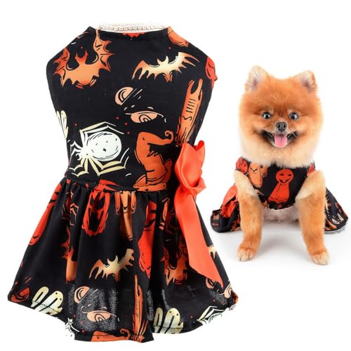 SMALLLEE_LUCKY_STORE Bowknot Hund Halloween Kleid mit Kürbis Geist Fledermaus Schädel Spinne Welpe Festliches Outfit für Kleine Hunde Katzen Mädchen Lustiges Haustier Kostüm für Urlaub Party Cosplay von smalllee_lucky_store