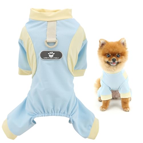 SMALLLEE_LUCKY_STORE Cooles Netz-Hunde-Pyjama, Sommerkleidung für kleine Hunde, Colorblock-Haustier-Overall mit D-Ring und Aufnäher, UV-beständig, atmungsaktiv, Chihuahua, Yorkie, Katze, Blau, Größe L von smalllee_lucky_store