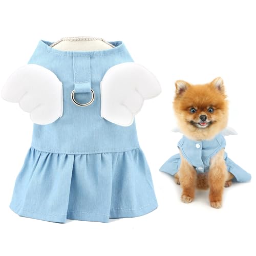 SMALLLEE_LUCKY_STORE Denim Hundekleid für extra kleine und kleine Hunde, weiblicher Welpenrock mit D-Ring, niedliches Engelsflügel-Geschirrkleid, Sommer, Frühling, Haustierkleidung, Yorkie, Chihuahua von smalllee_lucky_store
