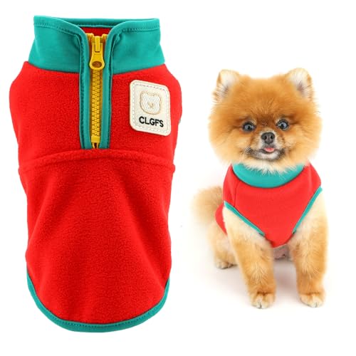 SMALLLEE_LUCKY_STORE Flauschiger Fleece-Hundepullover für extra kleine Hunde, Colorblock-Design, warm, Welpenweste mit halbem Reißverschluss und niedlichem Aufnäher, gemütlicher Rollkragen, Winter von smalllee_lucky_store