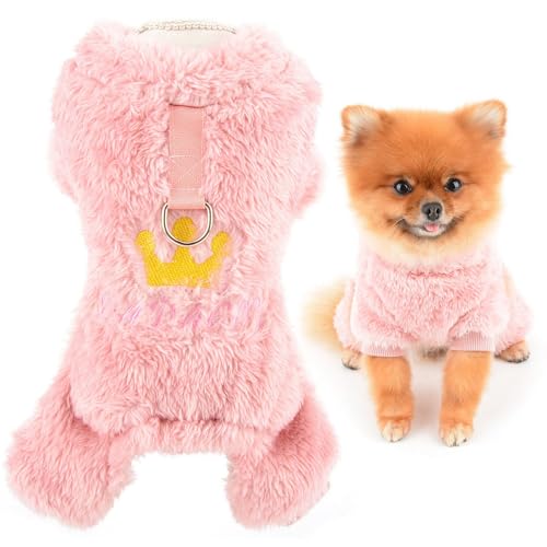 SMALLLEE_LUCKY_STORE Fleece-Hunde-Pyjama für kleine Hunde, Haustier-Pullover-Pyjama mit Stickerei-Krone und D-Ring, weicher Winter-Overall für Chihuahua, Yorkie, Pjs, Katzenkleidung von smalllee_lucky_store