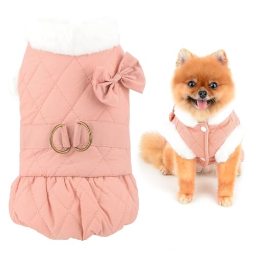 SMALLLEE_LUCKY_STORE Fleece-Hundekleid für kleine Hunde, Mädchen, solider gesteppter Haustiermantel mit D-Ring und Schleife, warme Weste, Welpenkleidung mit flauschigem Kragen, Winter, Herbst, von smalllee_lucky_store