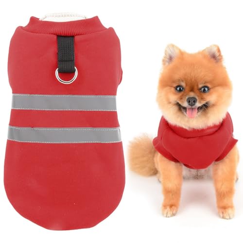 SMALLLEE_LUCKY_STORE Fleece-Hundepullover für kleine Hunde, reflektierende Haustier-Pulloverweste mit D-Ring, solides Welpen-Sweatshirt, warme Winterkleidung, Chihuahua, Yorkie, Katzenbekleidung, Rot, von smalllee_lucky_store