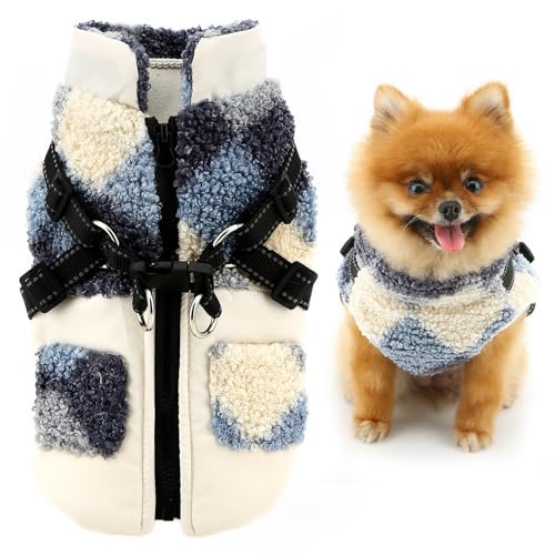 SMALLLEE_LUCKY_STORE Fleece-Patchwork-Haustiermantel, Sport-Winterjacke, Weste mit Geschirr, D-Ring für kleine Hunde, Katzen, reflektierend, mit Reißverschluss, gepolstert, Chihuahua, Yorkie, warme von smalllee_lucky_store