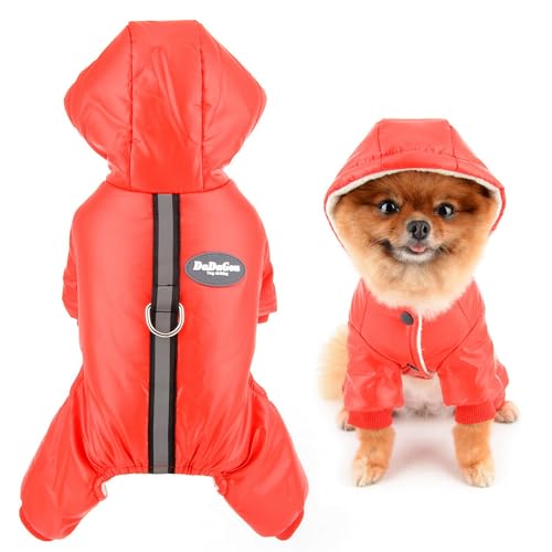 SMALLLEE_LUCKY_STORE Fleece gefütterter Hunde-Kapuzenpullover für kleine Hunde, wasserdichter reflektierender Mantel mit D-Ring, Welpen-Regenjacke mit Kapuze Warmer Winter Herbstjumpsuit Chihuahua von smalllee_lucky_store