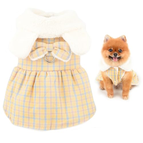 SMALLLEE_LUCKY_STORE Fleece-gefüttertes Hundekleid für kleine Hunde, karierter Haustiermantel mit D-Ring und Schleife, Baumwolle, Welpenkleidung mit flauschigem Hasenkragen, Winter, Herbst, Chihuahua, von smalllee_lucky_store