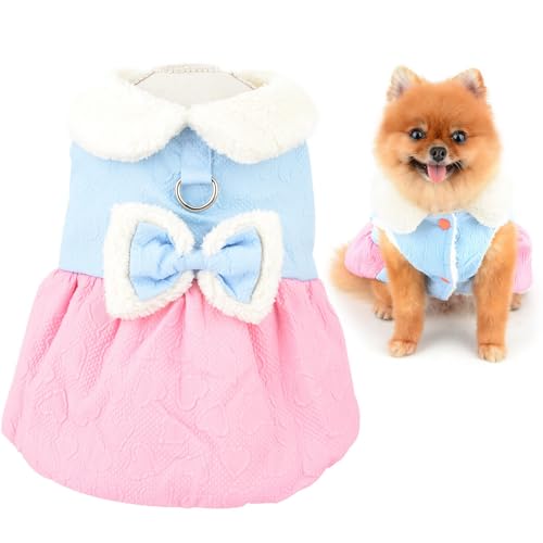 SMALLLEE_LUCKY_STORE Fleece gefüttertes Hundekleid für kleine Hunde Mädchen, Colorblock-Haustiergeschirr Mantel mit Herz und Schleife, Welpenkleidung mit flauschigem Kragen, Winter, Herbst, Chihuahua, von smalllee_lucky_store