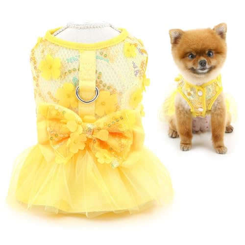 SMALLLEE_LUCKY_STORE Floral Dog Dresses for Small Dog Girls Puppy Harness Dress with D-Ring and Bow Spring Summer Lace Princess Skirt Pet Clothes Chihuahua Yorkie Cat Apparel, Yellow, L SMALLLEE_LUCKY_STORE Floral Dog Dresses for Small Dog Girls Puppy Harness Dress with D-Ring and Bow Spring Summer Lace Princess Skirt Pet Clothes Chihuahua Yorkie Cat Apparel, Yellow, L von smalllee_lucky_store